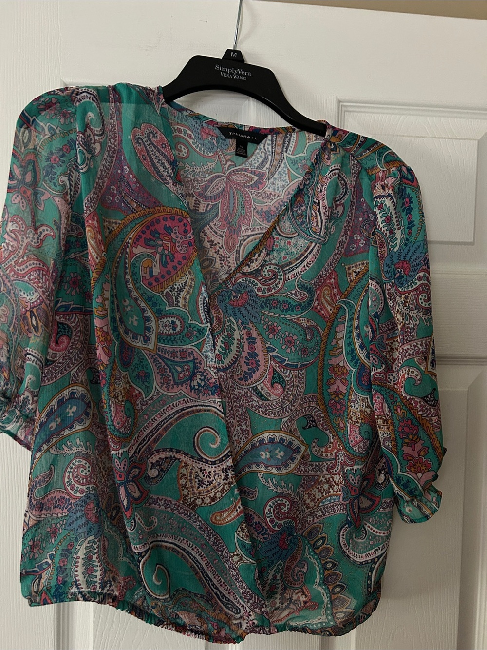 Tahari Teal and Pink Paisley V-Neck Blouse